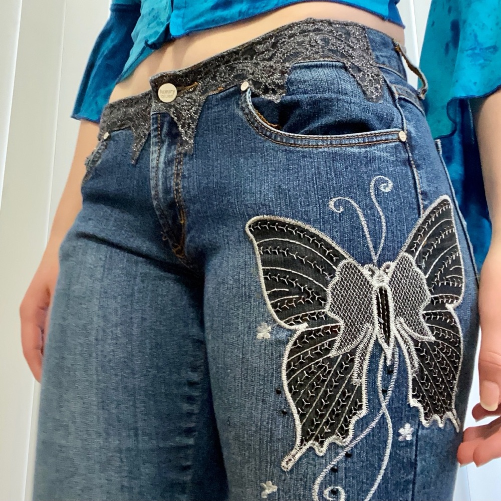 y2k low rise embroidered butterfly boot cut jeans